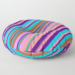 [ Thumbnail: Eye-catching Sienna, Violet, Dark Salmon, Indigo, and Dark Turquoise Colored Lined Pattern Floor Pillow ]