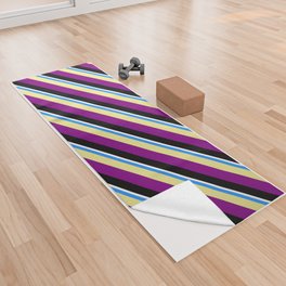 [ Thumbnail: Vibrant Blue, Tan, Purple, Black, and White Colored Pattern of Stripes Yoga Towel ]