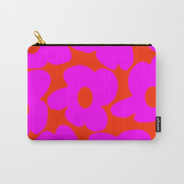 Pink Retro Flowers Orange Red Background #decor #society6 #buyart Carry-All Pouch