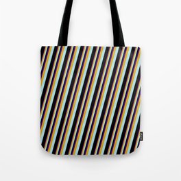 [ Thumbnail: Indigo, Goldenrod, Powder Blue & Black Colored Lines Pattern Tote Bag ]