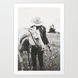 A Cowgirl & Her Horse - Black & White Photo Art Print
