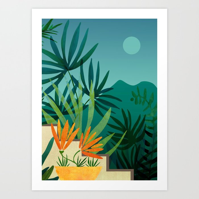 Tropical Moonlight Garden Landscape  Art Print