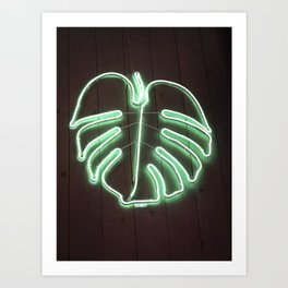 Bright bold retro neon sign - green monstera leaf - botanical plant  Art Print