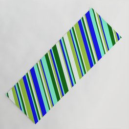 [ Thumbnail: Eyecatching Green, Blue, Aquamarine, Dark Green, and Mint Cream Colored Stripes Pattern Yoga Mat ]