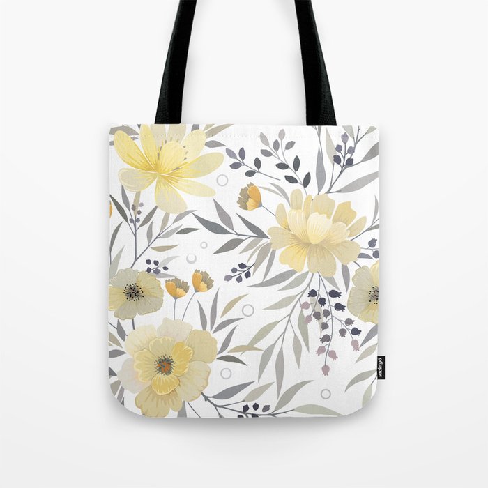 Modern, Floral Prints, Yellow, Gray and White Tote Bag