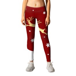 Red Christmas Santa Claus Leggings | Absentis, White, Santa, Snow, Reindeer, Sled, Rudolph, Graphicdesign, Red, Stars 