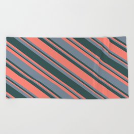 [ Thumbnail: Dark Slate Gray, Salmon & Light Slate Gray Colored Stripes/Lines Pattern Beach Towel ]