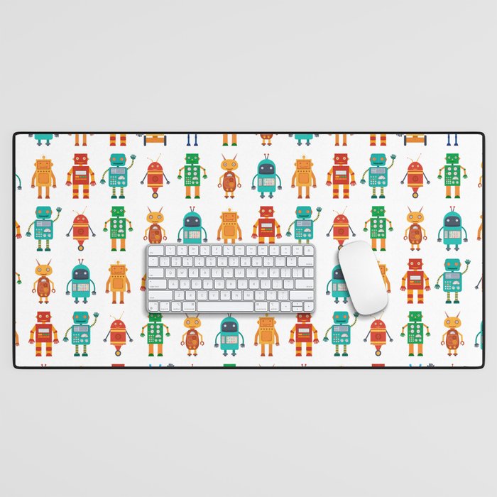 Seamless pattern from colorful retro robots in a flat style on a white background. Vintage illustration.  Desk Mat