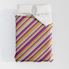 [ Thumbnail: Light Gray, Purple & Goldenrod Colored Lines Pattern Duvet Cover ]