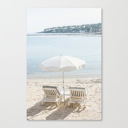 White Beach Umbrella Print, French Riviera Print, Fine Art Beach Photography, Antibes France, Cote Dazur Provence Print, Sun Lounger Beach Art Canvas Print