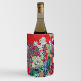 Red floral Jungle Garden Botanical featuring Proteas, Reeds, Eucalyptus, Ferns and Birds of Paradise Wine Chiller