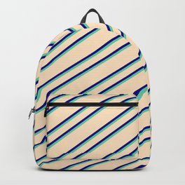 [ Thumbnail: Bisque, Blue, and Aquamarine Colored Lines Pattern Backpack ]