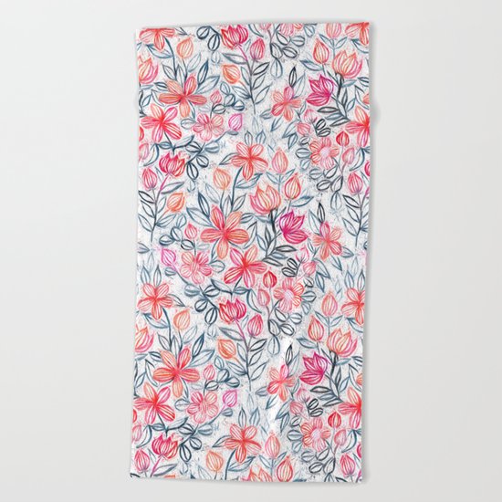 Coral and Grey Candy Striped Crayon Floral Beach Towel