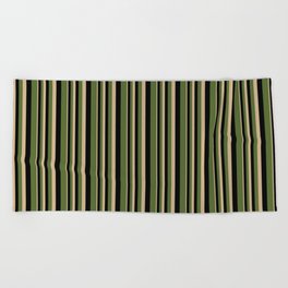 [ Thumbnail: Tan, Black & Dark Olive Green Colored Lined Pattern Beach Towel ]