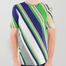 [ Thumbnail: Eyecatching Dark Grey, Tan, Lime Green, Midnight Blue, and White Colored Pattern of Stripes All Over Graphic Tee ]