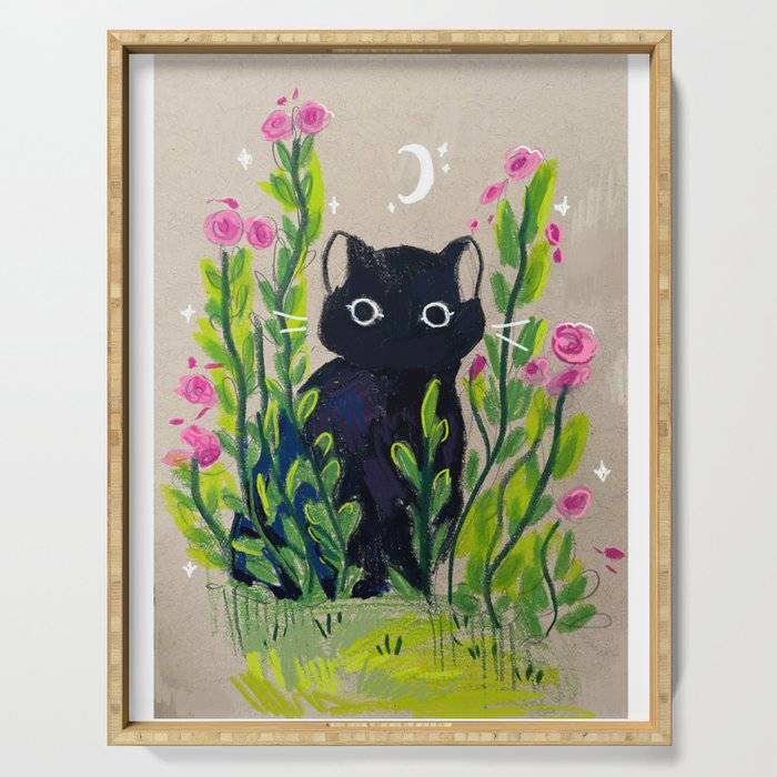 cute black cat graphic Serving Tray
