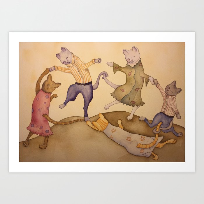 Dancing Cats Art Print | Painting, Acrylic, Watercolor, Illustration, Cats, Childrens, Illustration, Animals, Animals-in-clothing, Kids