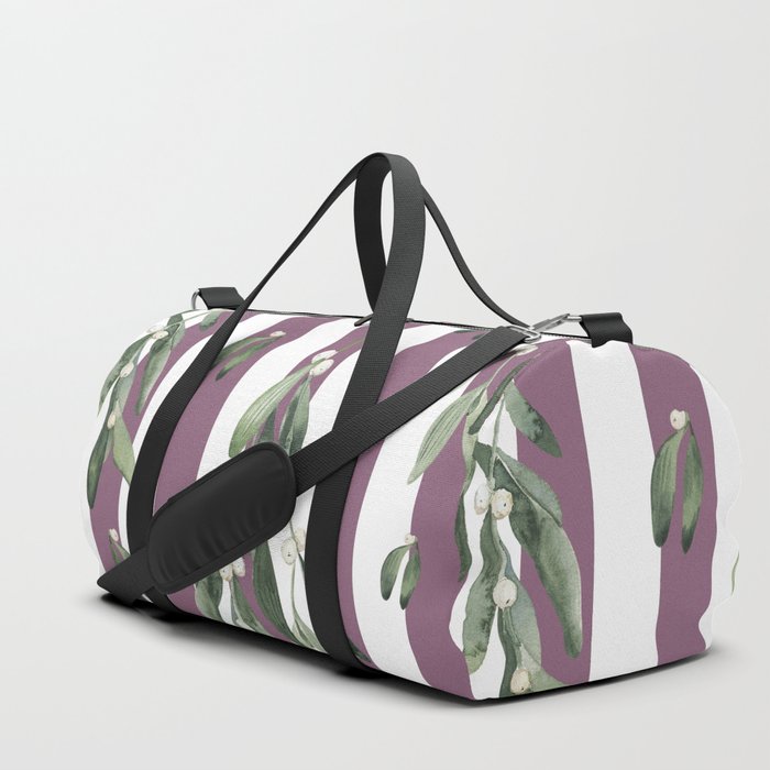Watercolor Mistletoe Branches on Stripes Dark Purple Duffle Bag