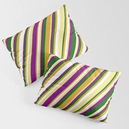 [ Thumbnail: Tan, Purple, Dark Green, Goldenrod, and White Colored Lined/Striped Pattern Pillow Sham ]