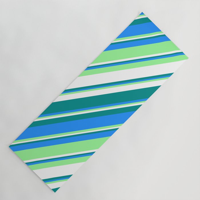 Dark Cyan, Blue, Green & White Colored Striped Pattern Yoga Mat