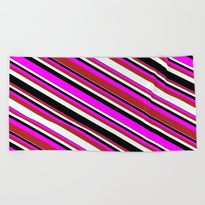 Fuchsia, Red, Mint Cream, and Black Colored Pattern of Stripes Beach Towel