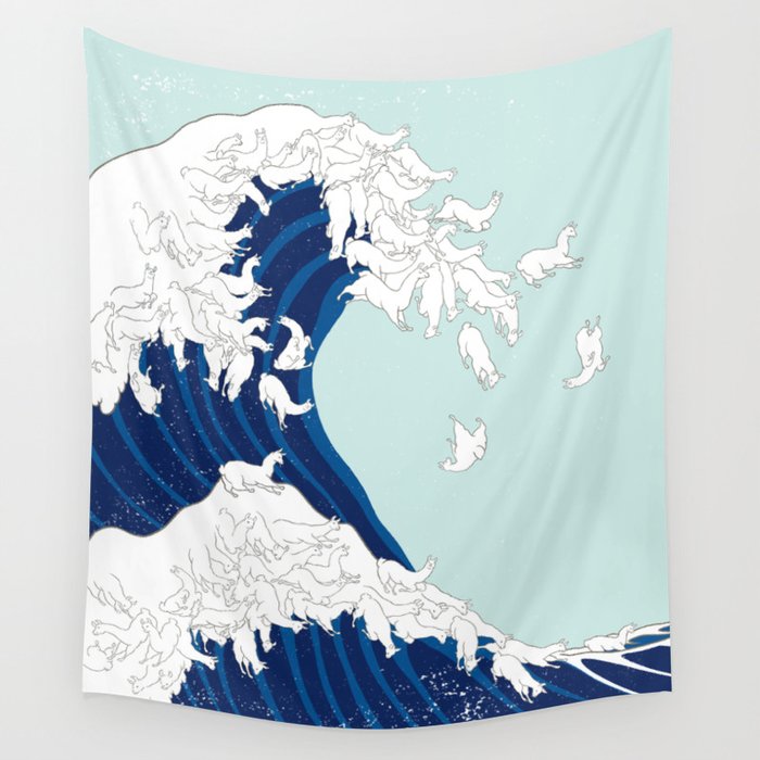 Llama The Great Wave in Blue Wall Tapestry