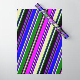 [ Thumbnail: Eye-catching Fuchsia, Blue, Pale Goldenrod, Green, and Black Colored Pattern of Stripes Wrapping Paper ]
