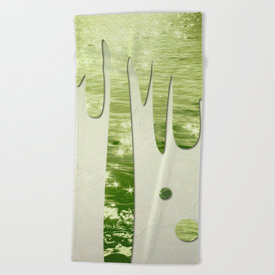 Glittery Green Ocean Dripping On Cream Textured Wall Beach Towel