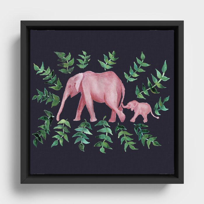 Navy blue and pink elephant Mother and baby Framed Canvas