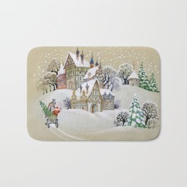 Hand drawn illustration with winter landscape and snowy houses in village Bath Mat