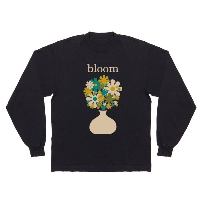 Bloom Retro Flowers in Vase on Blue Long Sleeve T Shirt