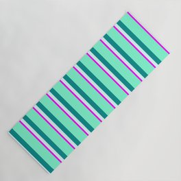 [ Thumbnail: Fuchsia, Light Cyan, Dark Cyan, and Aquamarine Colored Pattern of Stripes Yoga Mat ]
