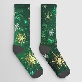 Golden Snowflakes on Green Background Socks