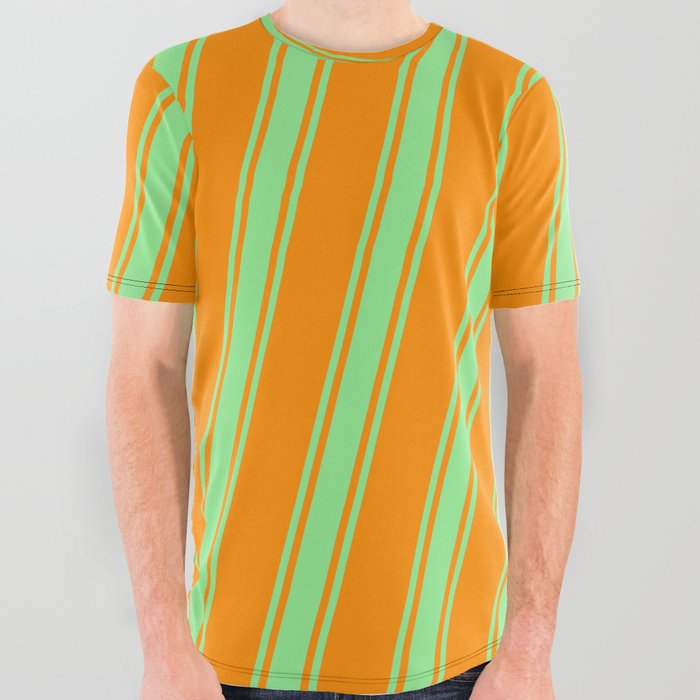 Dark Orange and Light Green Colored Lined/Striped Pattern All Over Graphic Tee
