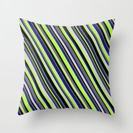 [ Thumbnail: Colorful Midnight Blue, Light Gray, Light Green, Black, and Dim Grey Colored Stripes/Lines Pattern Throw Pillow ]