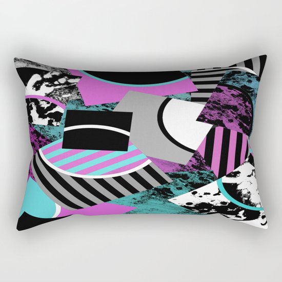 Cluttered Sqaures - Abstract, geometric, stripes, pink, cyan, blue, textured, black, white, arcs Rectangular Pillow