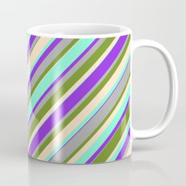 [ Thumbnail: Green, Bisque, Aquamarine, Purple & Dark Gray Colored Stripes Pattern Coffee Mug ]