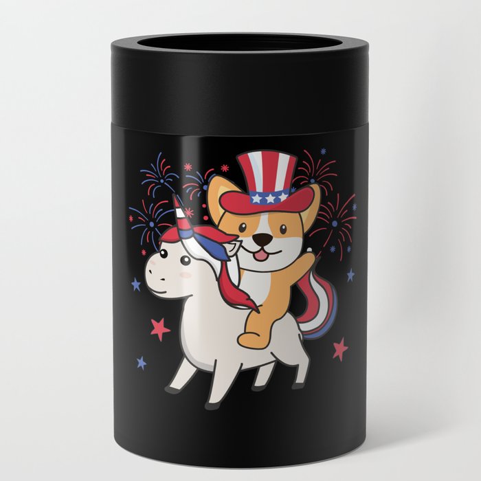Corgi With Unicorn For The Fourth Of July Can Cooler