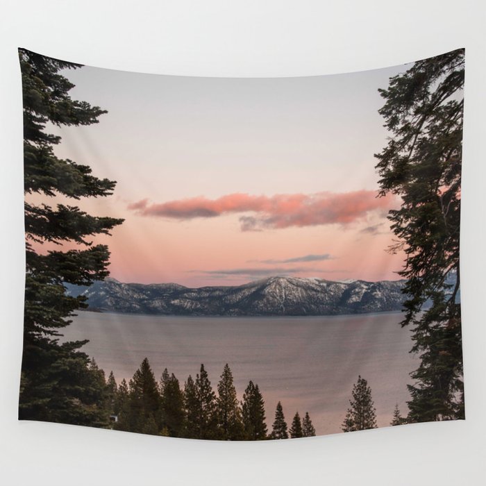 Sunset over Lake Tahoe, California, Sierra Nevadas, Landscape Photography, Pine Trees, Framed Image Wall Tapestry