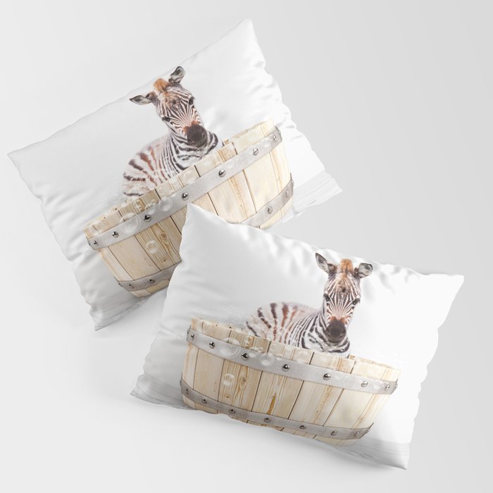 Zebra in a Wooden Bathtub, Zebra Taking a Bath, Bathtub Animal Art Print By Synplus Pillow Sham