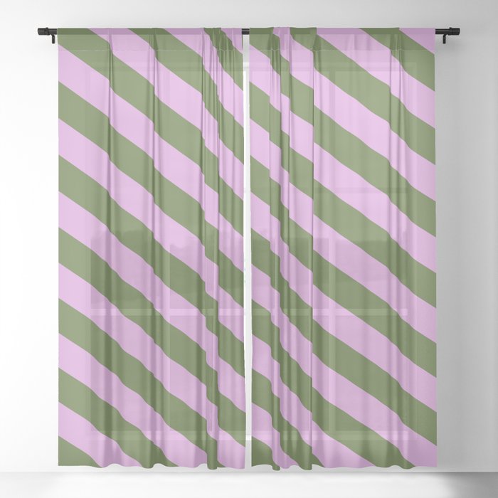 Plum & Dark Olive Green Colored Lines/Stripes Pattern Sheer Curtain