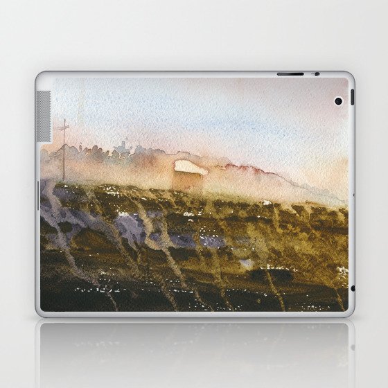 Mist covered landscape painting with buildings. Laptop & iPad Skin