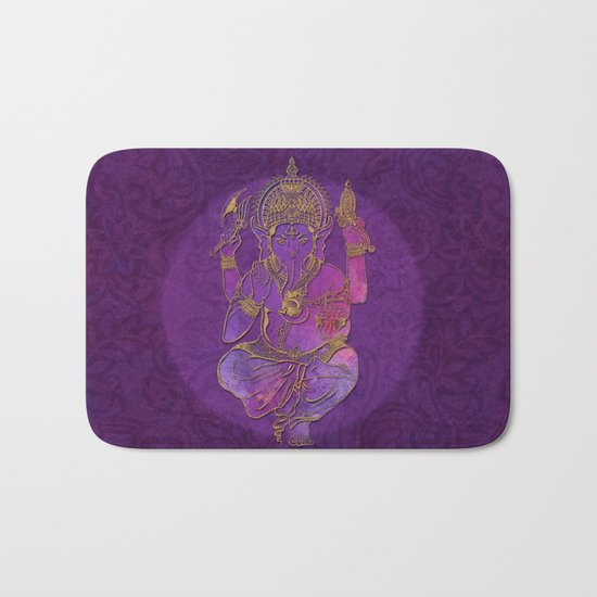 Ganesha hindu god watercolor gold purple art Bath Mat