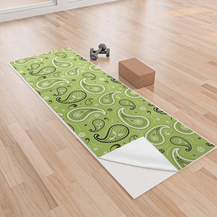 Black and White Paisley Pattern on Light Green Background Yoga Towel