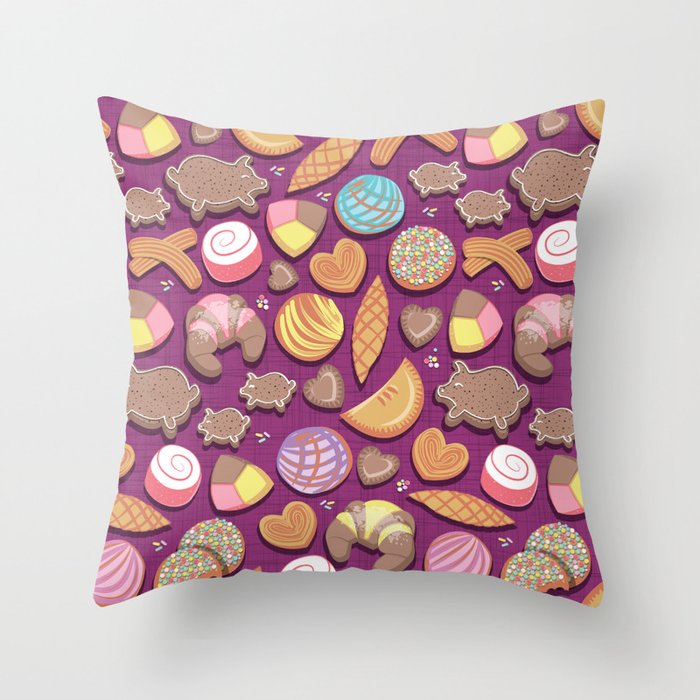 Mexican Sweet Bakery Frenzy // pink background // pastel colors pan dulce Throw Pillow