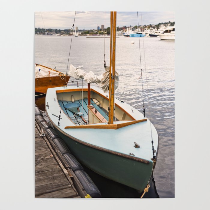 Wooden Boat Sailboat Sailing Sailor Nautical Lake Seattle Harbor Marina Recreation Outdoors Sunset Poster