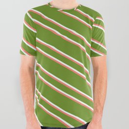 [ Thumbnail: Green, Mint Cream, and Salmon Colored Lines Pattern All Over Graphic Tee ]