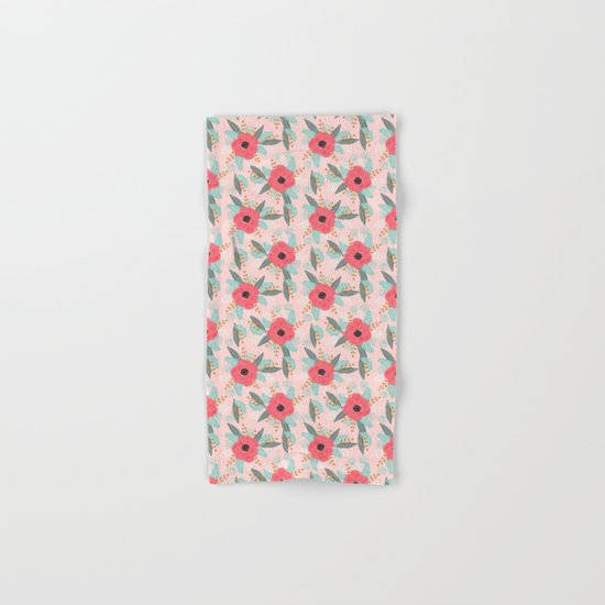 Poppies pink pastel red florals flowers pattern boho dorm college trendy garden plants poppy flower Hand & Bath Towel