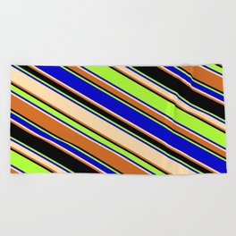 [ Thumbnail: Colorful Light Green, Blue, Tan, Chocolate & Black Colored Lines/Stripes Pattern Beach Towel ]