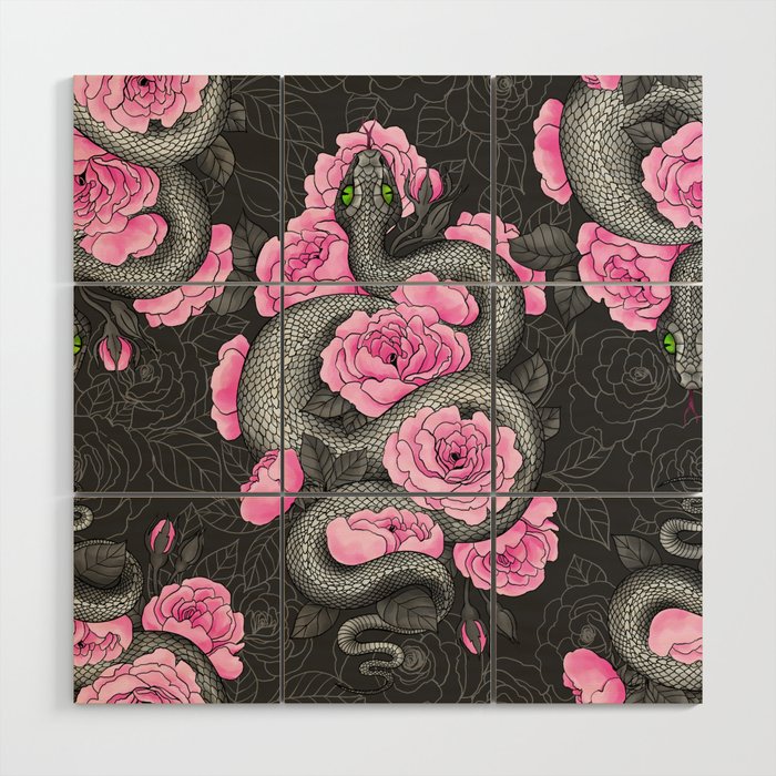 Snakes and pink roses Wood Wall Art